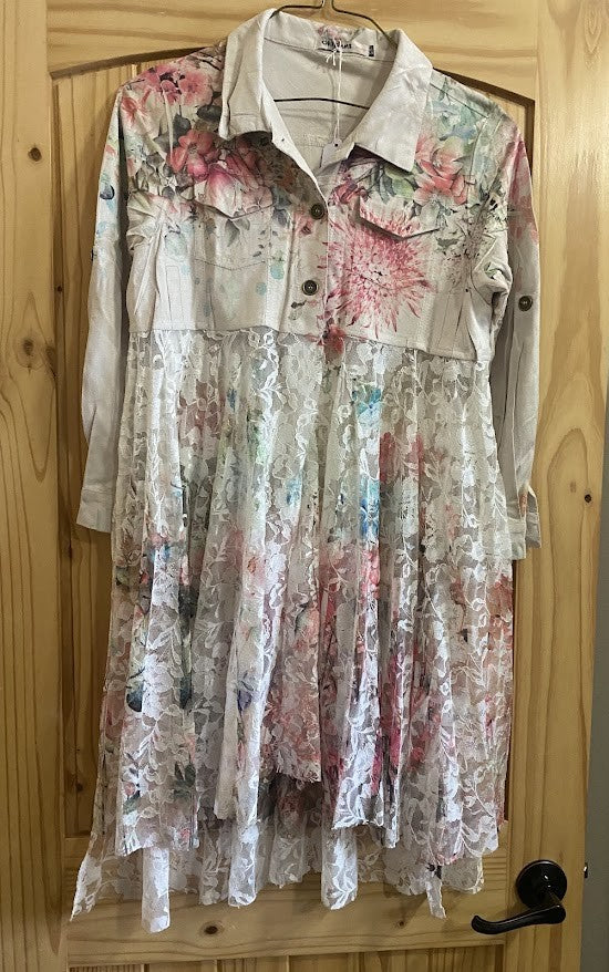 Beige & Pink Topped Long Jacket w/ Lace Bottom